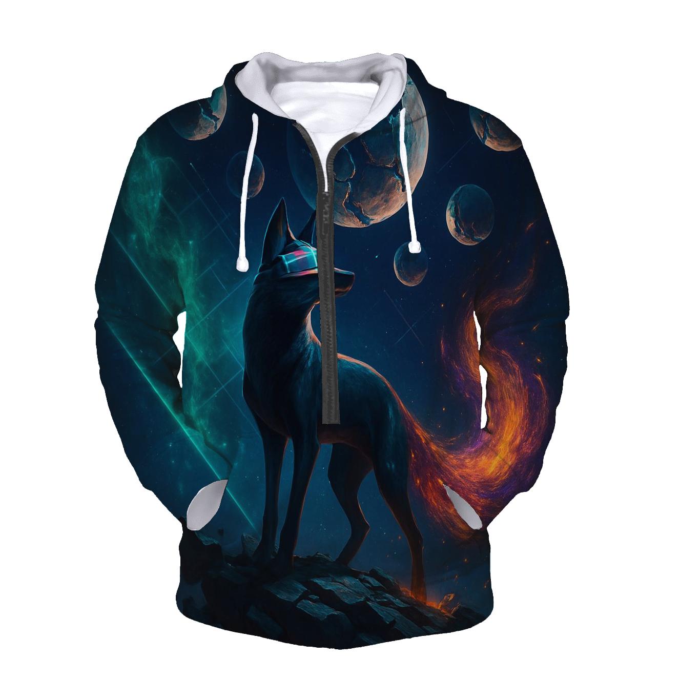 Chrononaut Fox Under Fractured Moons embroidered hoodies