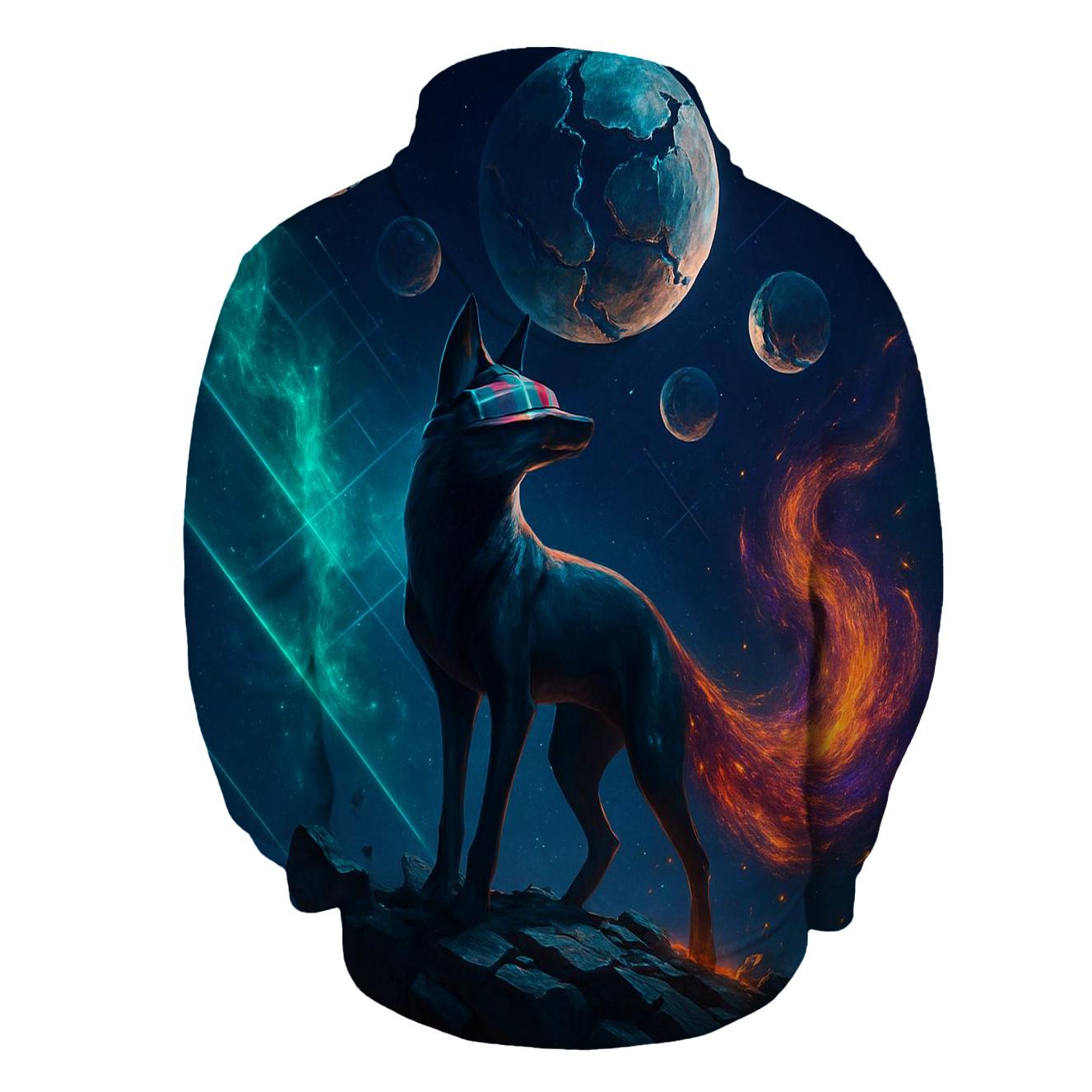 Chrononaut Fox Under Fractured Moons embroidered hoodies