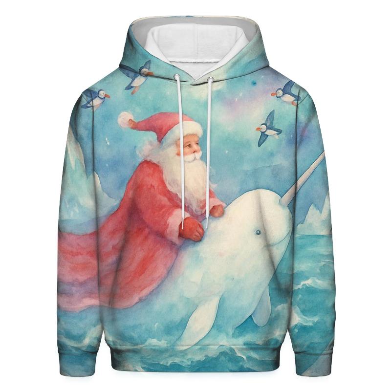Arctic Watercolor Santa And Whale graphic hoodies