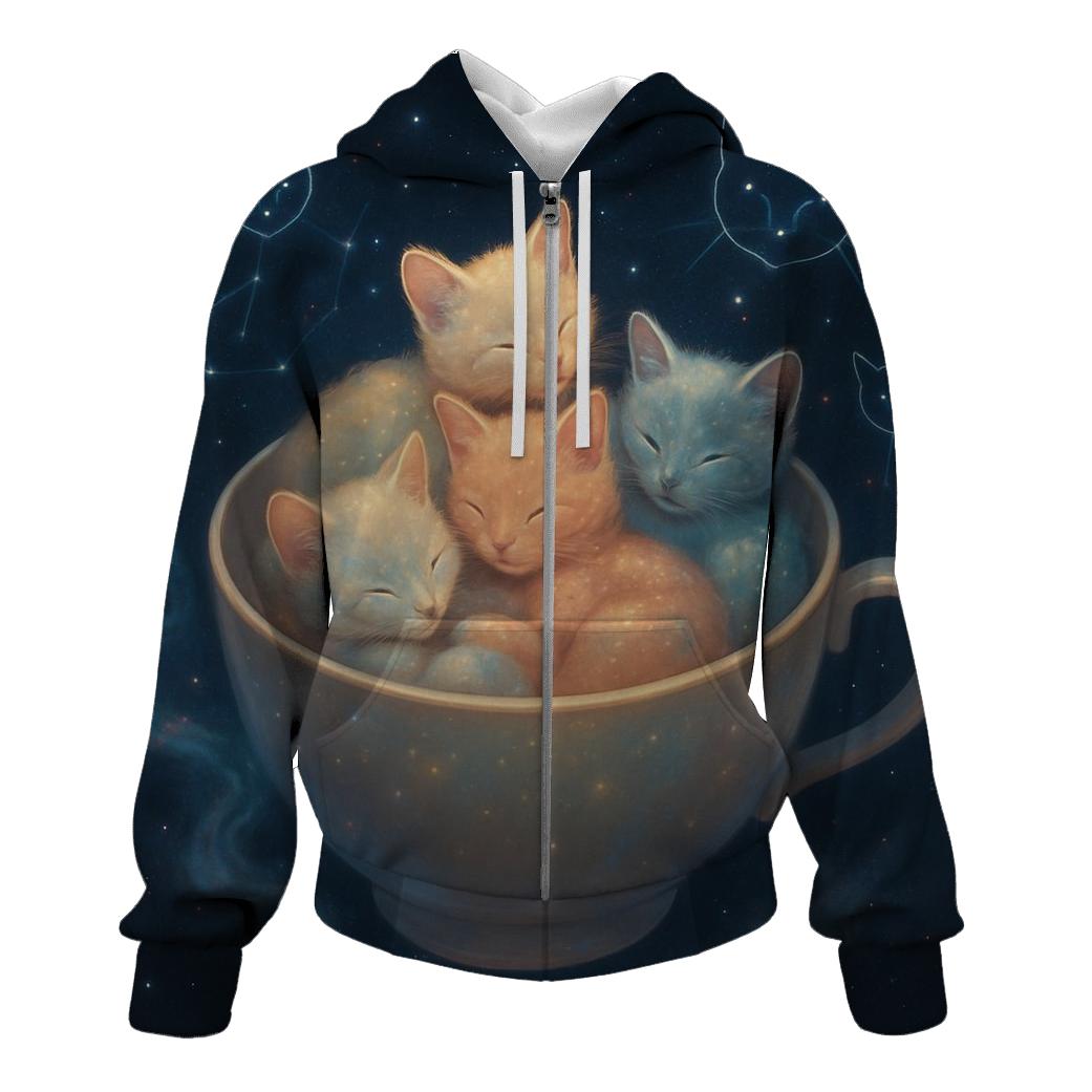 Celestial Teacup Constellation Cats zip-up hoodies