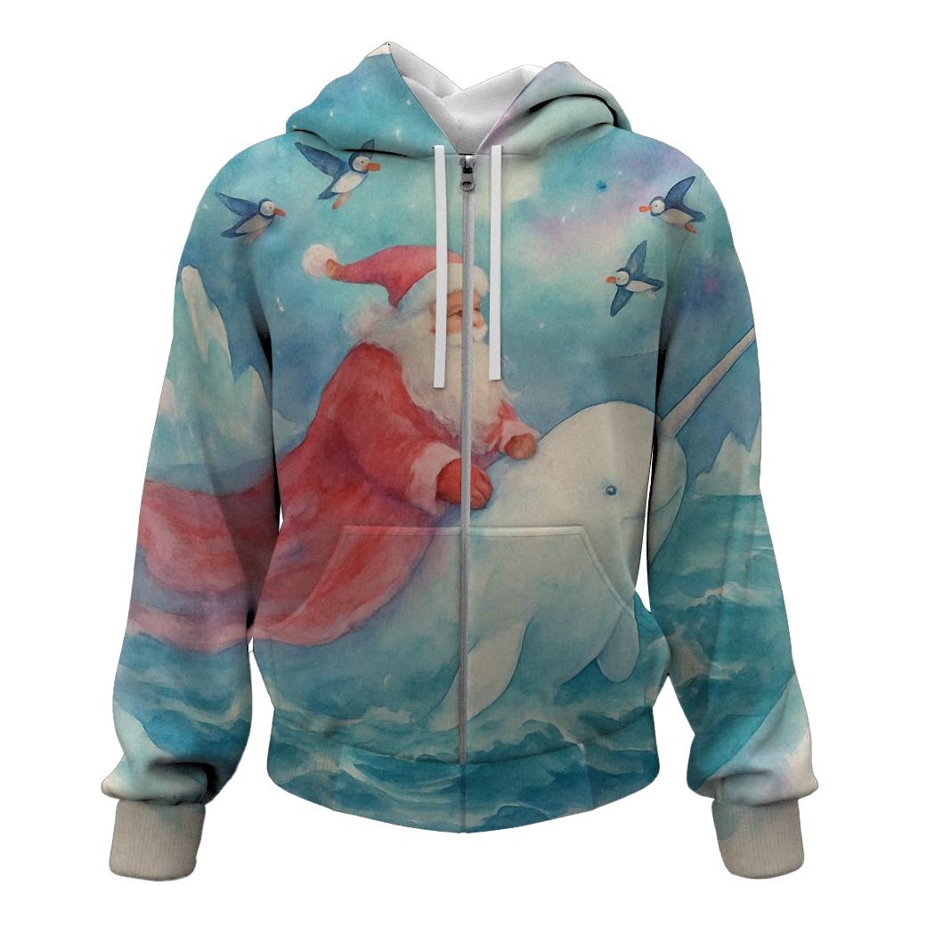 Arctic Watercolor Santa And Whale embroidered hoodies