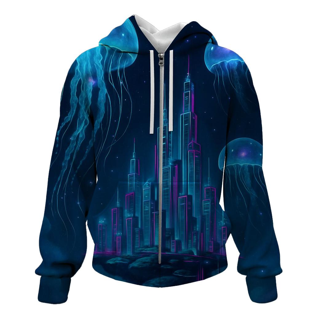 Orbiting Jellyfish Above The Dream City embroidered hoodies