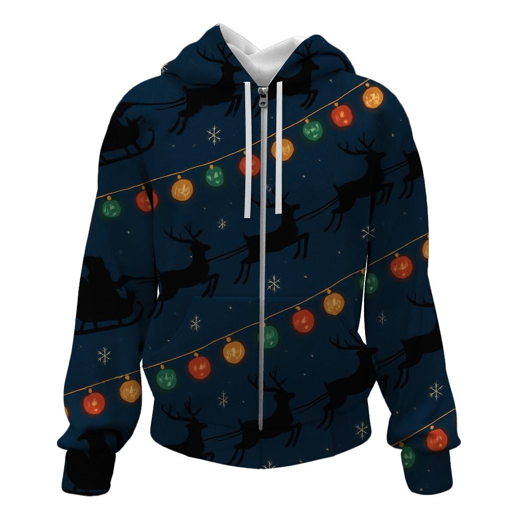 Midnight Sleigh Silhouette With Pumpkin Lights zip-up hoodies