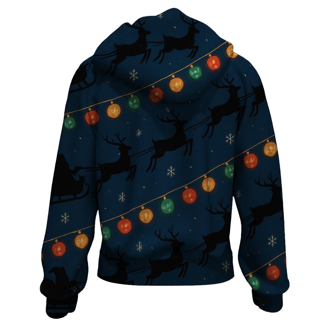 Midnight Sleigh Silhouette With Pumpkin Lights zip-up hoodies