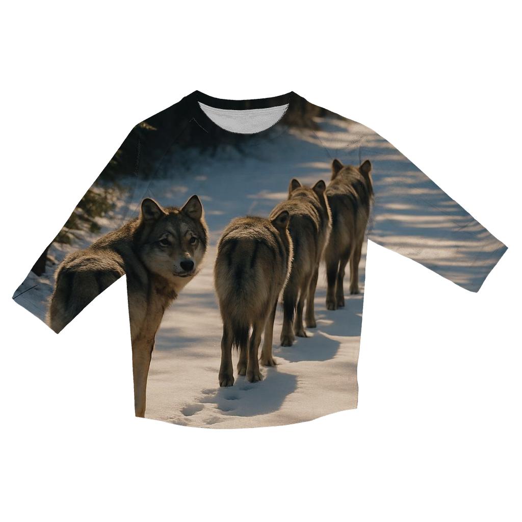 Wolf Pack Trotting Along Winter Logging Road fashion 3/4 sleeve shirts