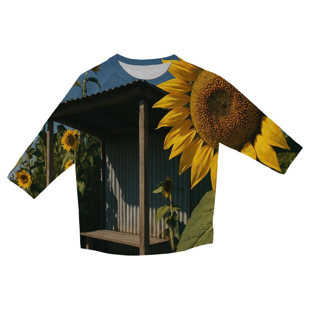 Sunflowers Framing A Rural Bus Stop fashion 3/4 sleeve shirts
