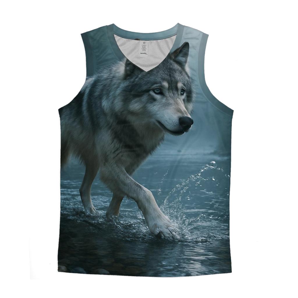 Timber Wolf Crossing Forest Stream sports performance tank tops