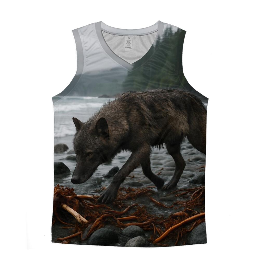 Coastal Wolf On Kelp Strewn Shore sports performance tank tops