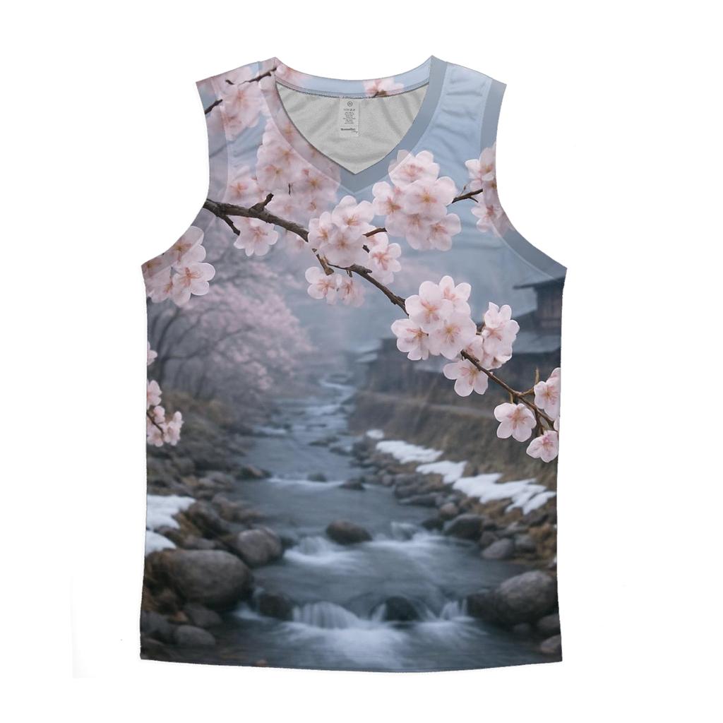 Cherry Blossoms Over Snow Melt Stream sports performance tank tops