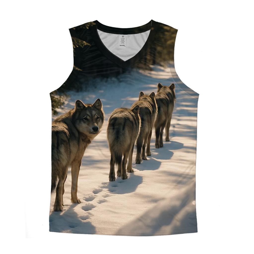 Wolf Pack Trotting Along Winter Logging Road personalized athletic tanks