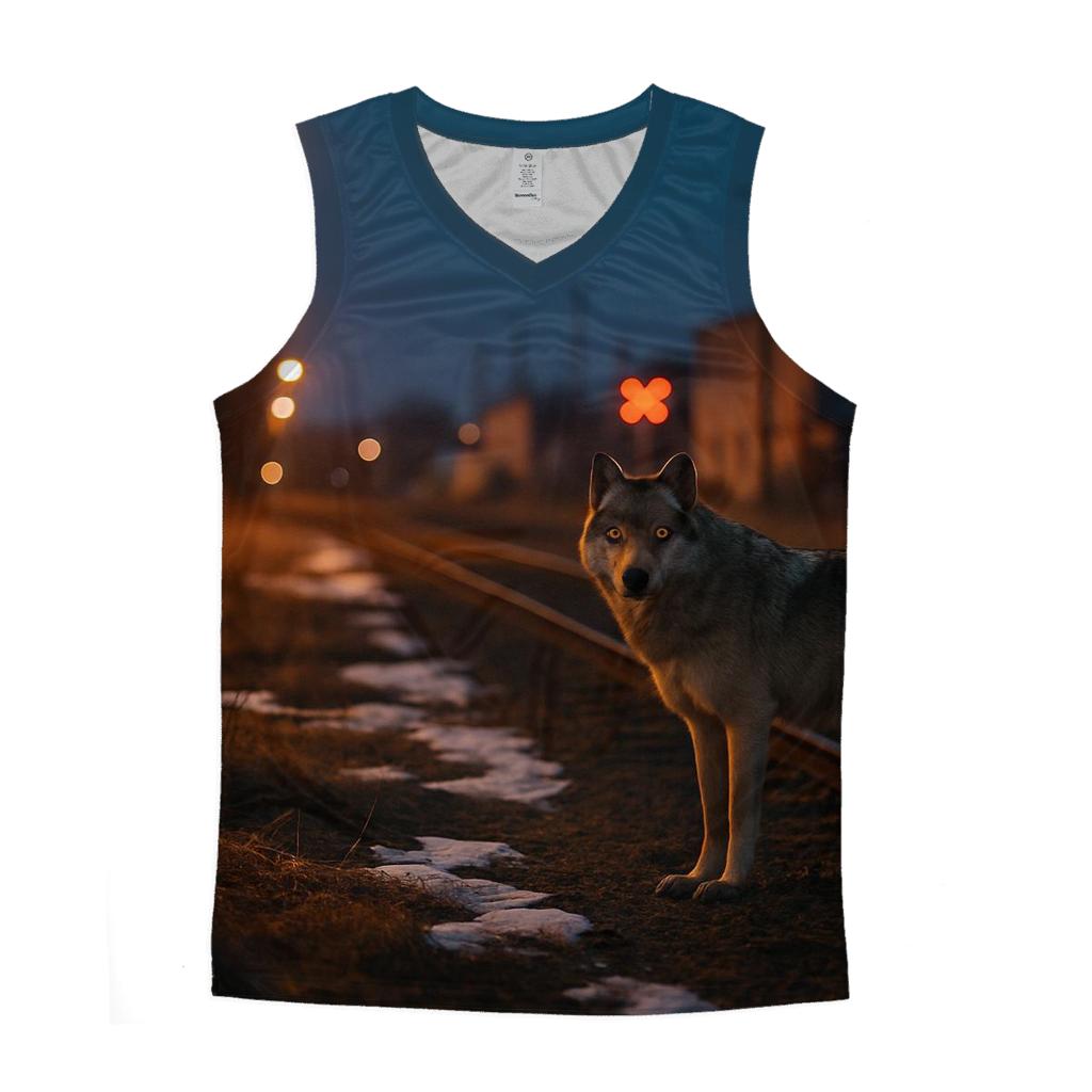 Urban Edge Wolf Near Railway Tracks designer workout tanks