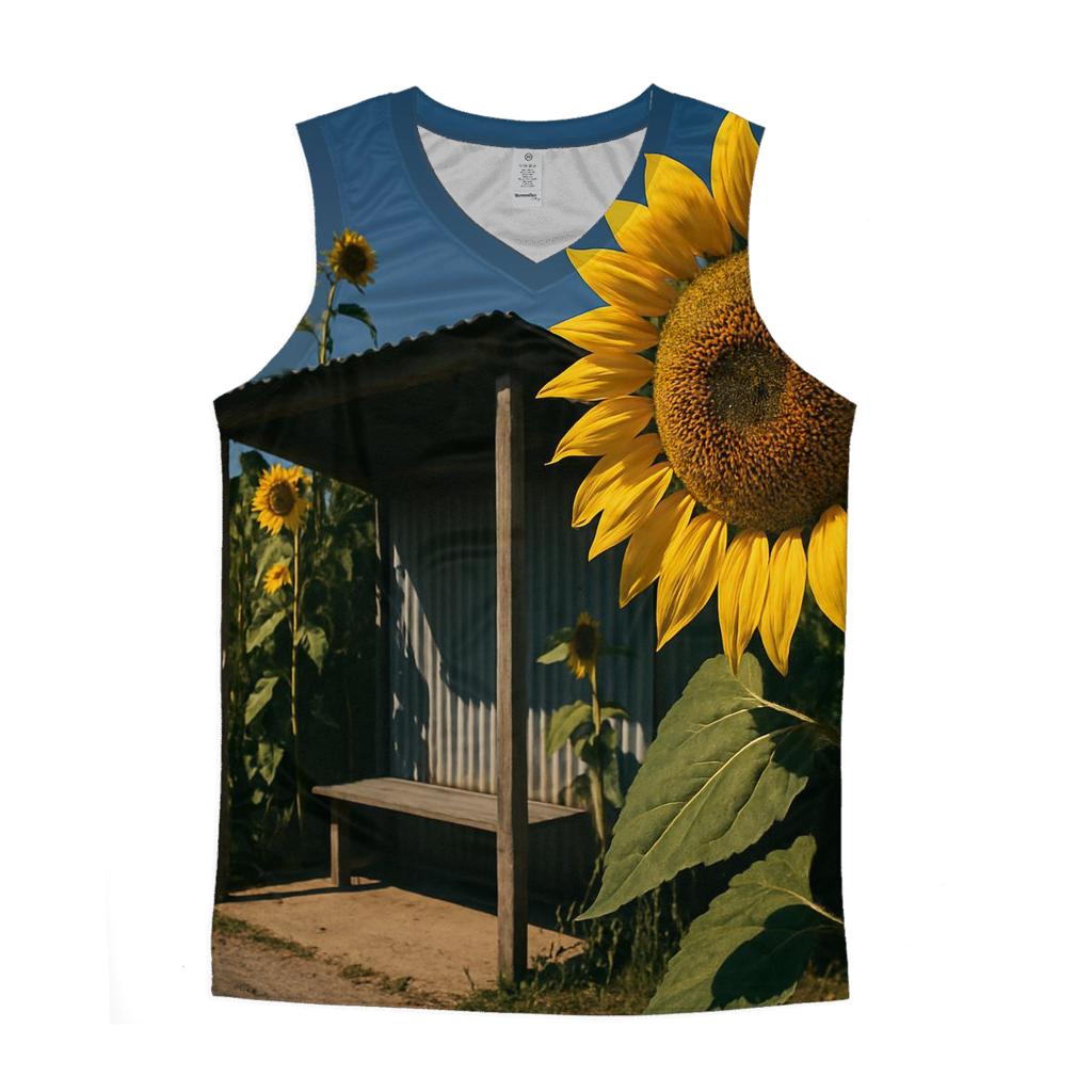 Sunflowers Framing A Rural Bus Stop sports performance tank tops