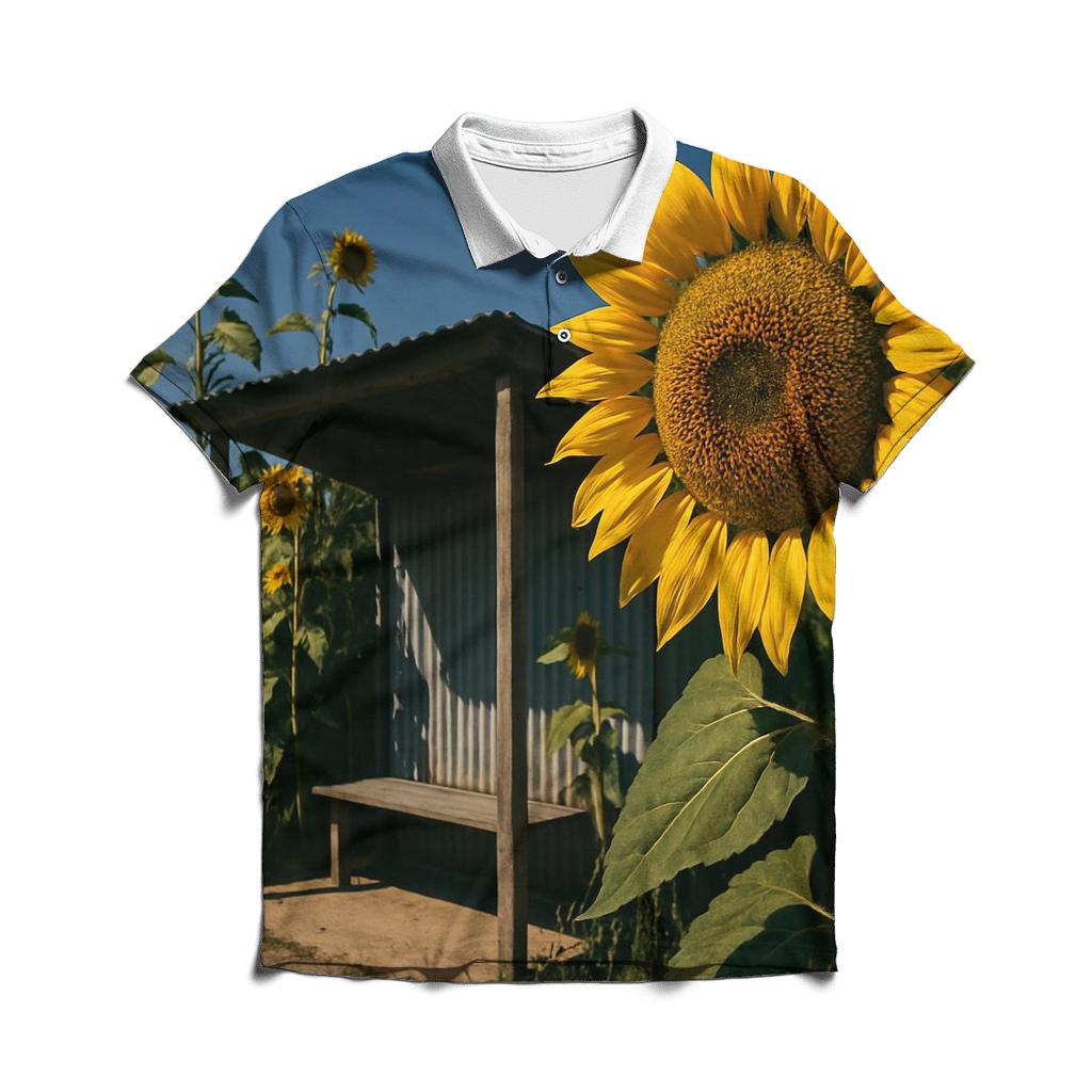 Sunflowers Framing A Rural Bus Stop premium cotton polo shirts
