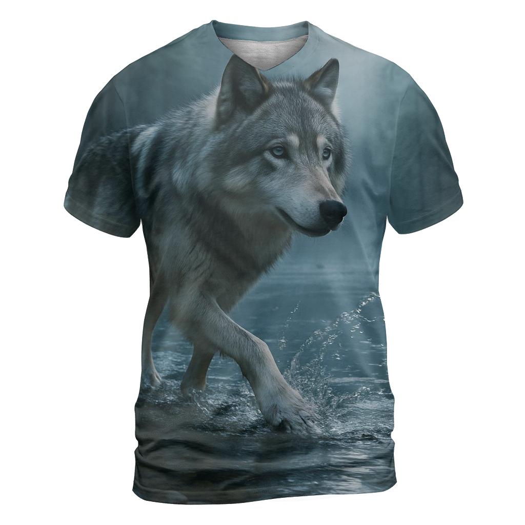 Timber Wolf Crossing Forest Stream statement graphic shirts