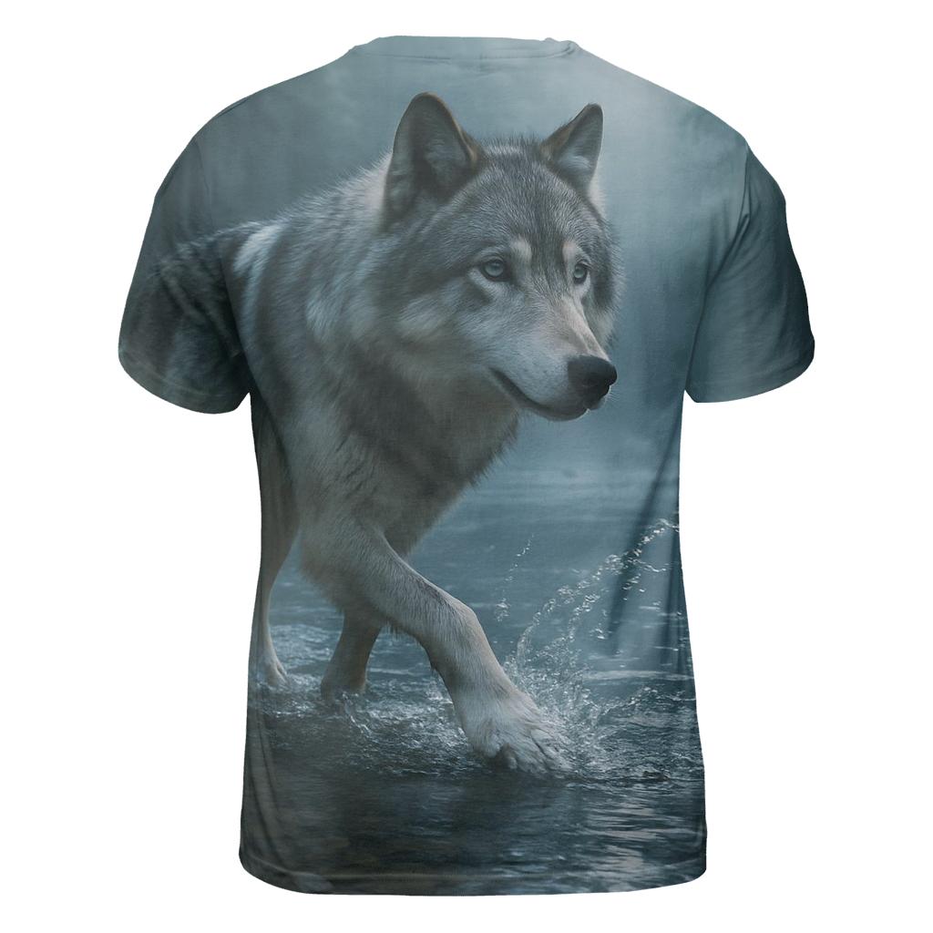 Timber Wolf Crossing Forest Stream statement graphic shirts