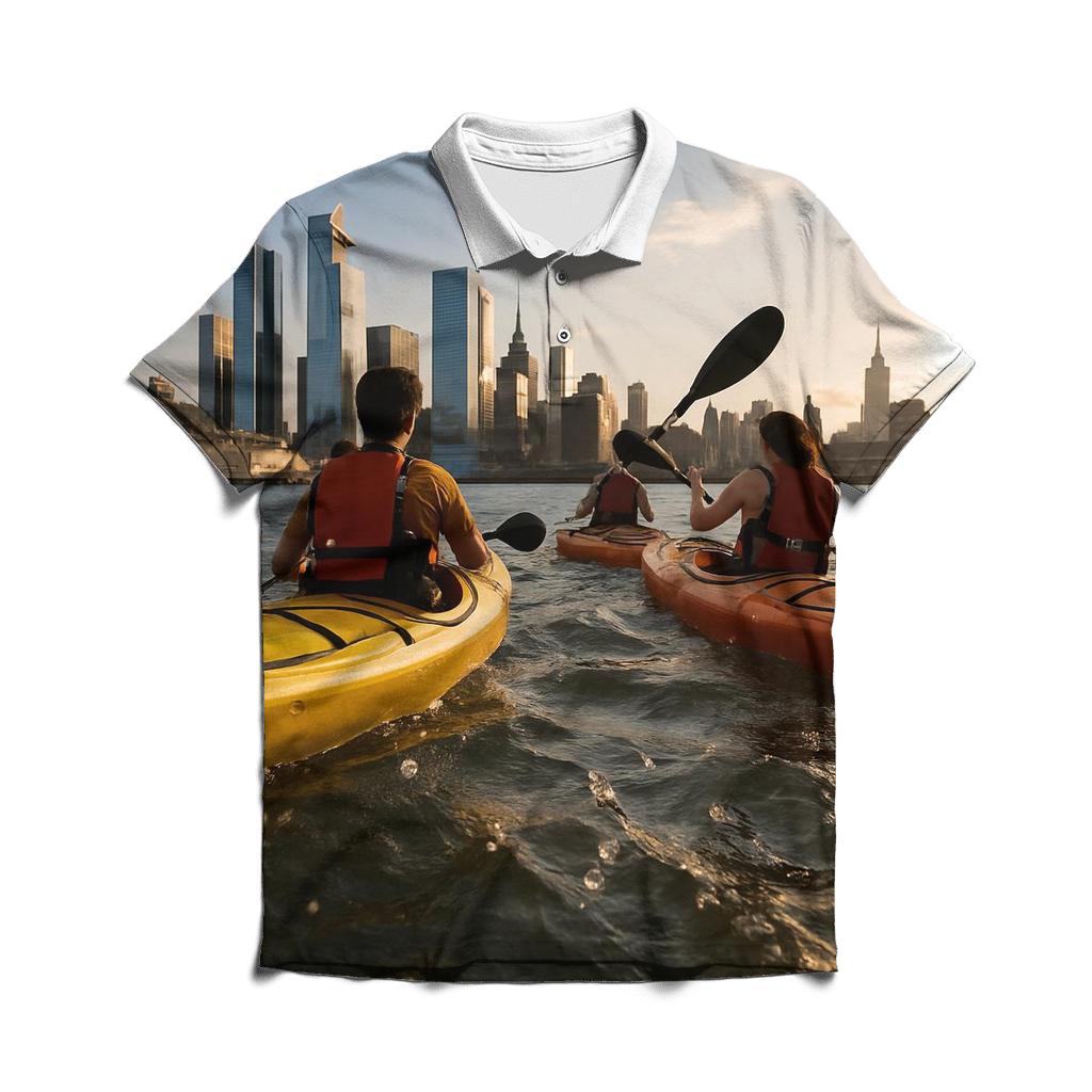 Hudson River Kayakers With Midtown Backdrop designer slim fit polos