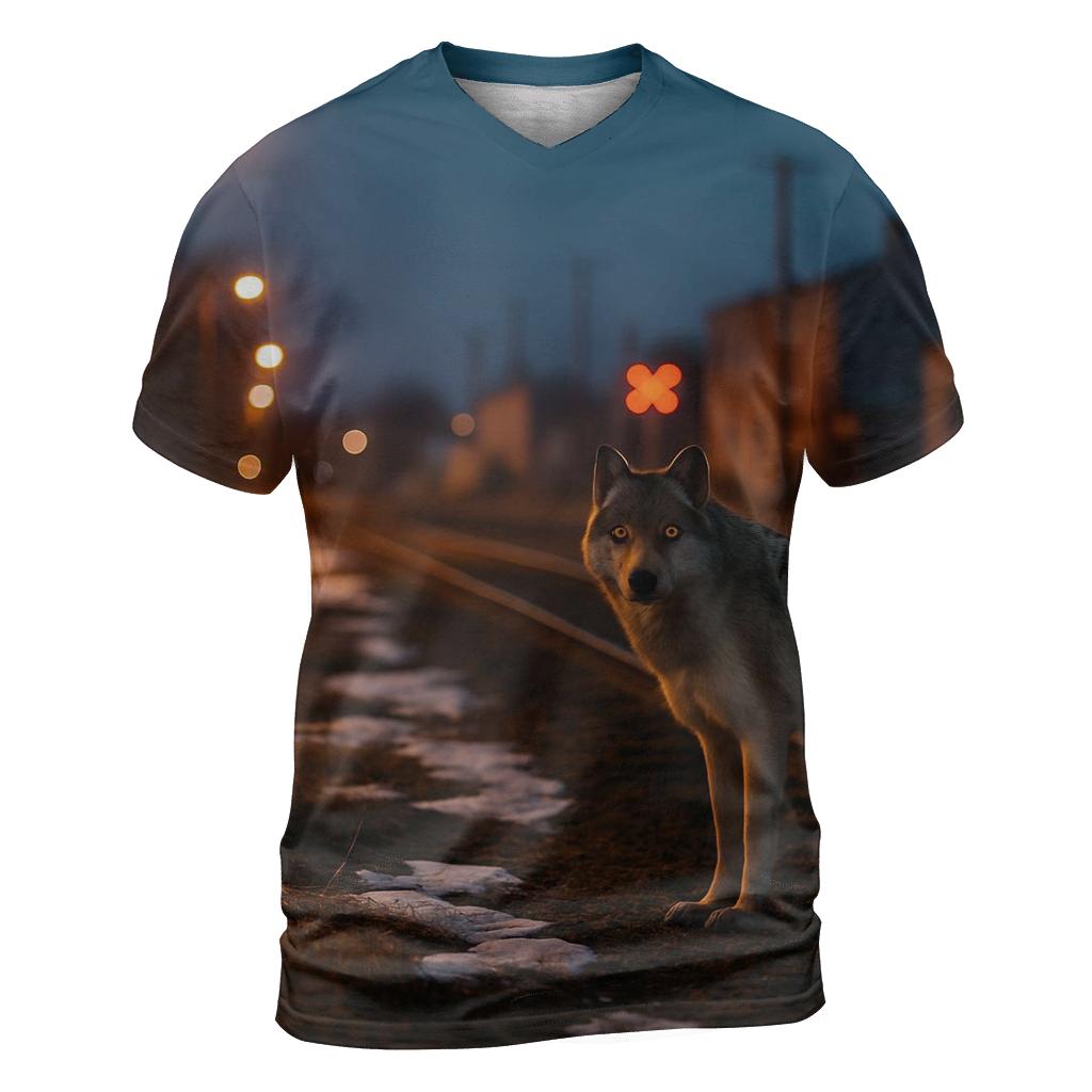 Urban Edge Wolf Near Railway Tracks trendy printed shirt styles