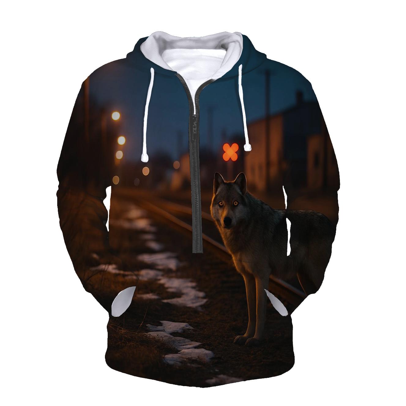 Urban Edge Wolf Near Railway Tracks zip-up hoodies
