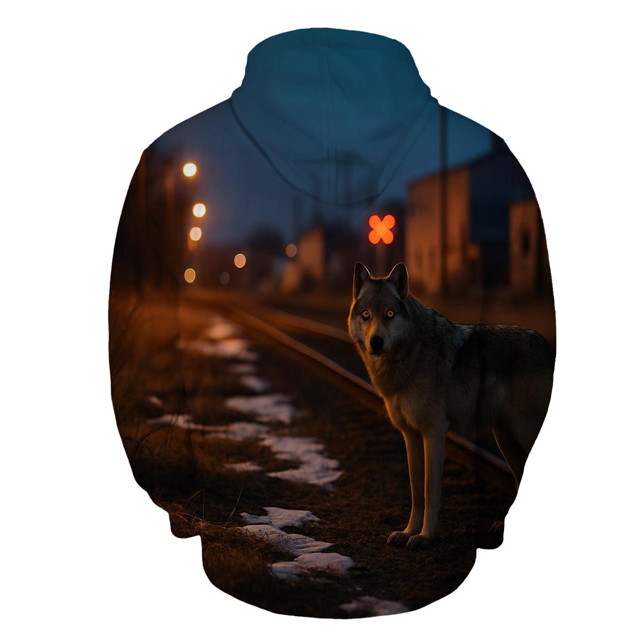 Urban Edge Wolf Near Railway Tracks zip-up hoodies