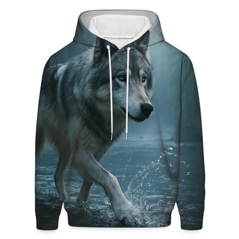 Timber Wolf Crossing Forest Stream embroidered hoodies