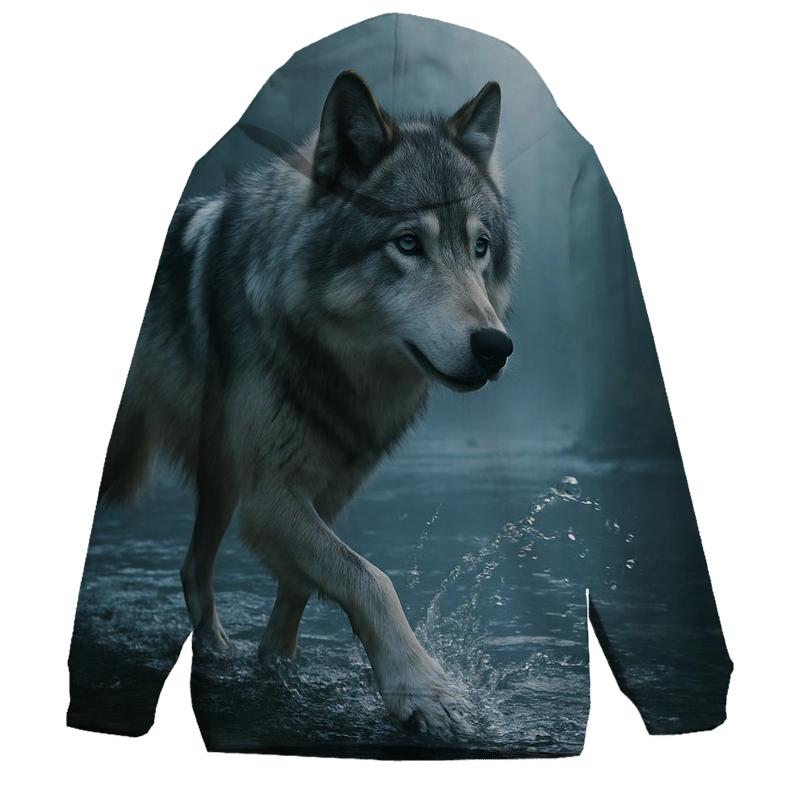 Timber Wolf Crossing Forest Stream embroidered hoodies