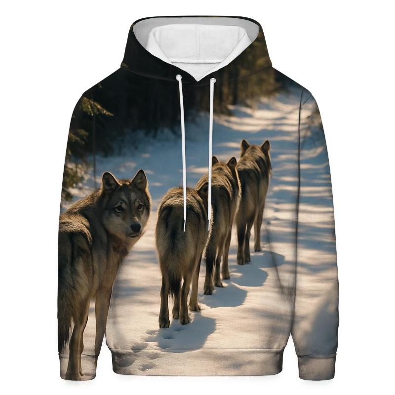 Wolf Pack Trotting Along Winter Logging Road zip-up hoodies