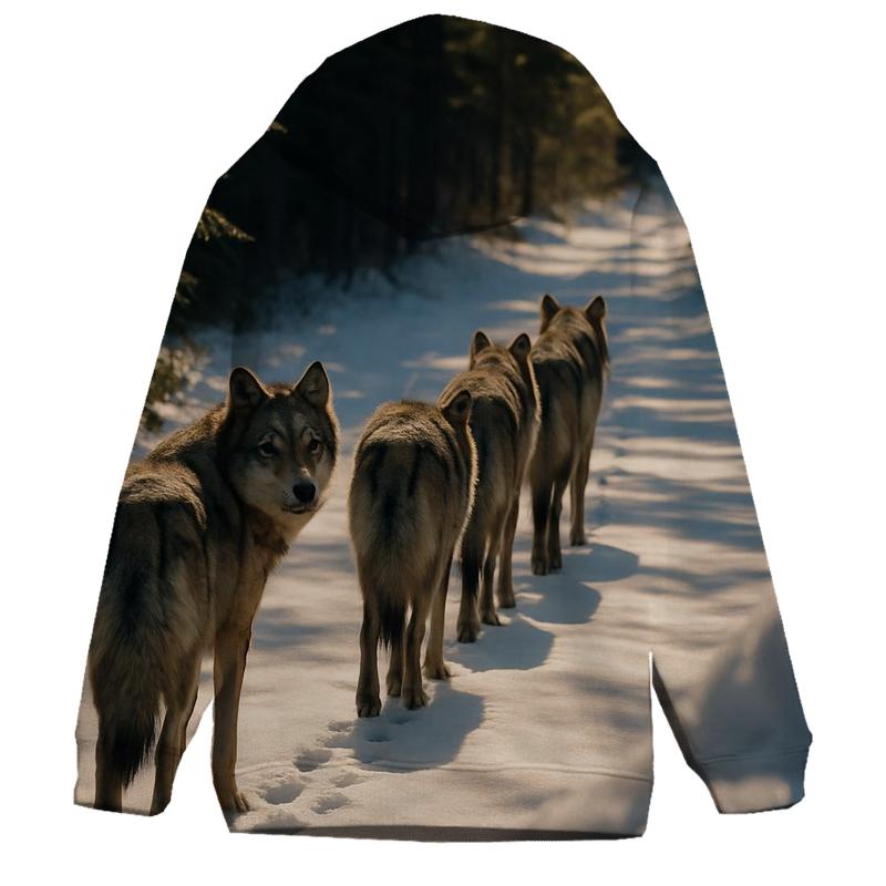 Wolf Pack Trotting Along Winter Logging Road zip-up hoodies