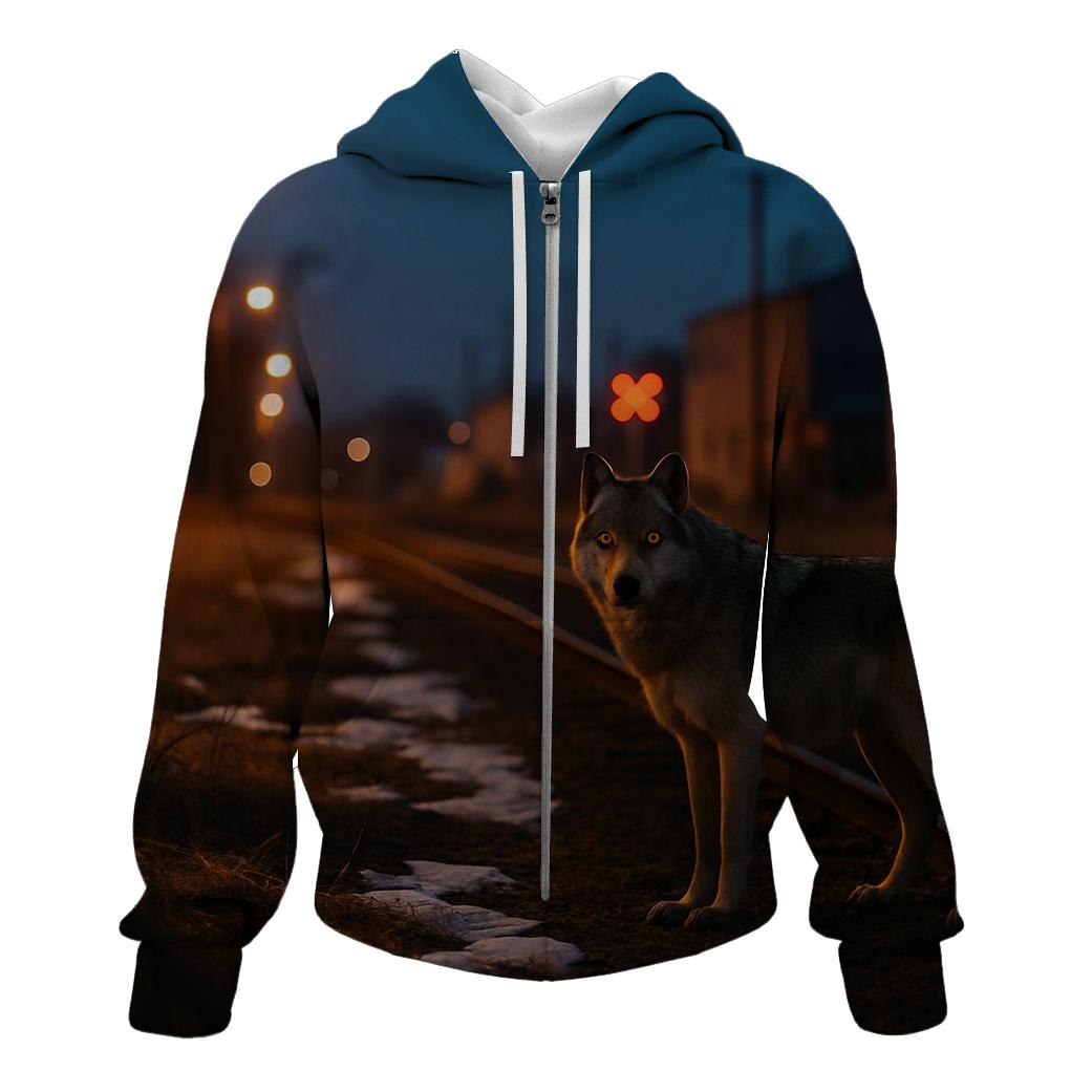 Urban Edge Wolf Near Railway Tracks hoodies fashion