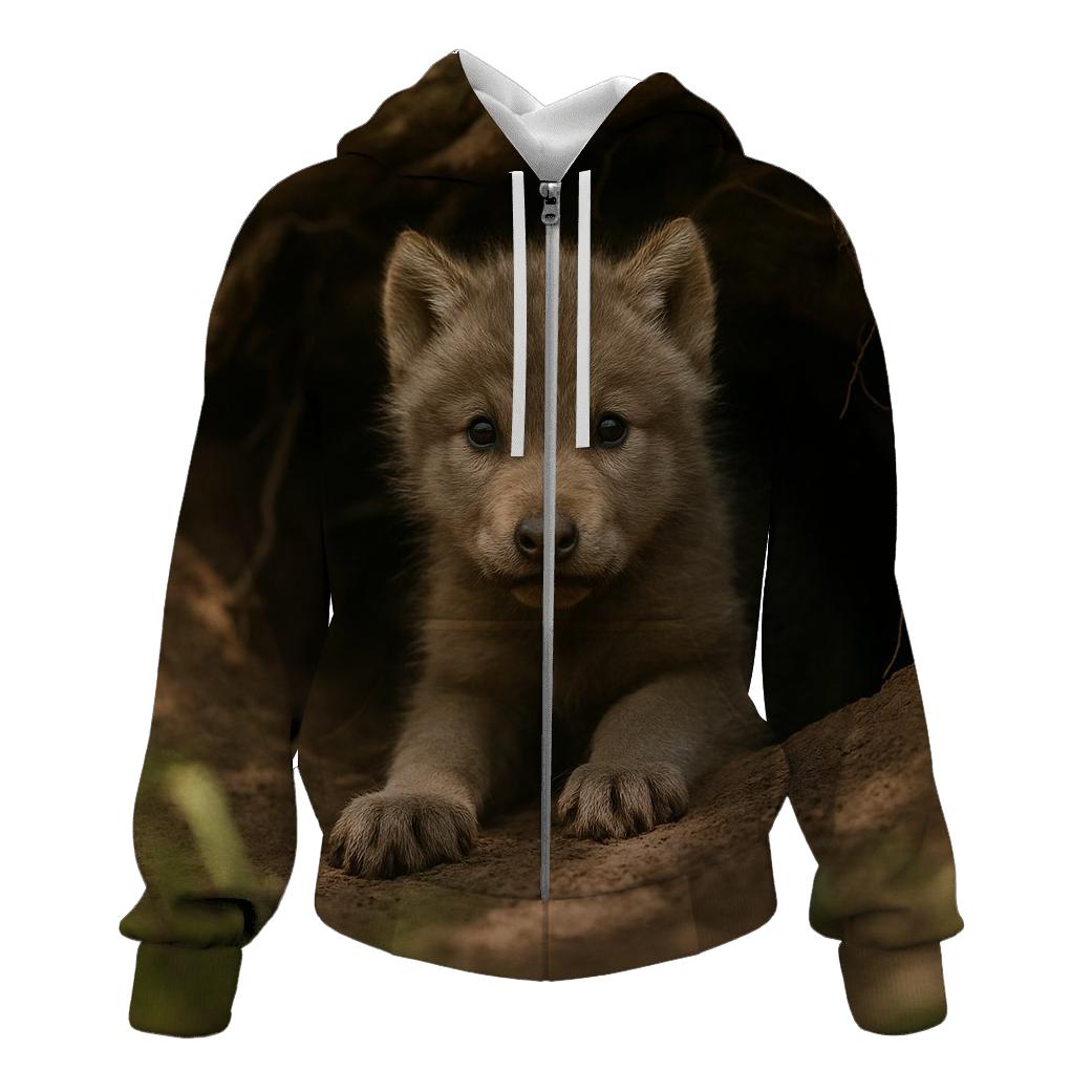 Wolf Pup Peering From Den Entrance embroidered hoodies