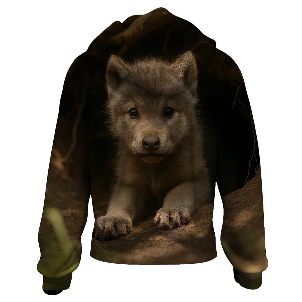 Wolf Pup Peering From Den Entrance embroidered hoodies