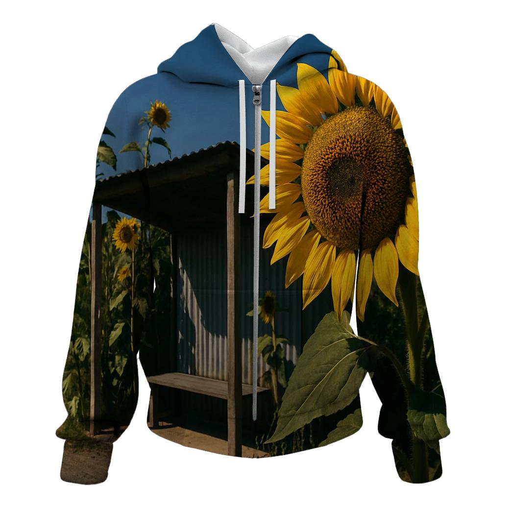 Sunflowers Framing A Rural Bus Stop printed hoodies