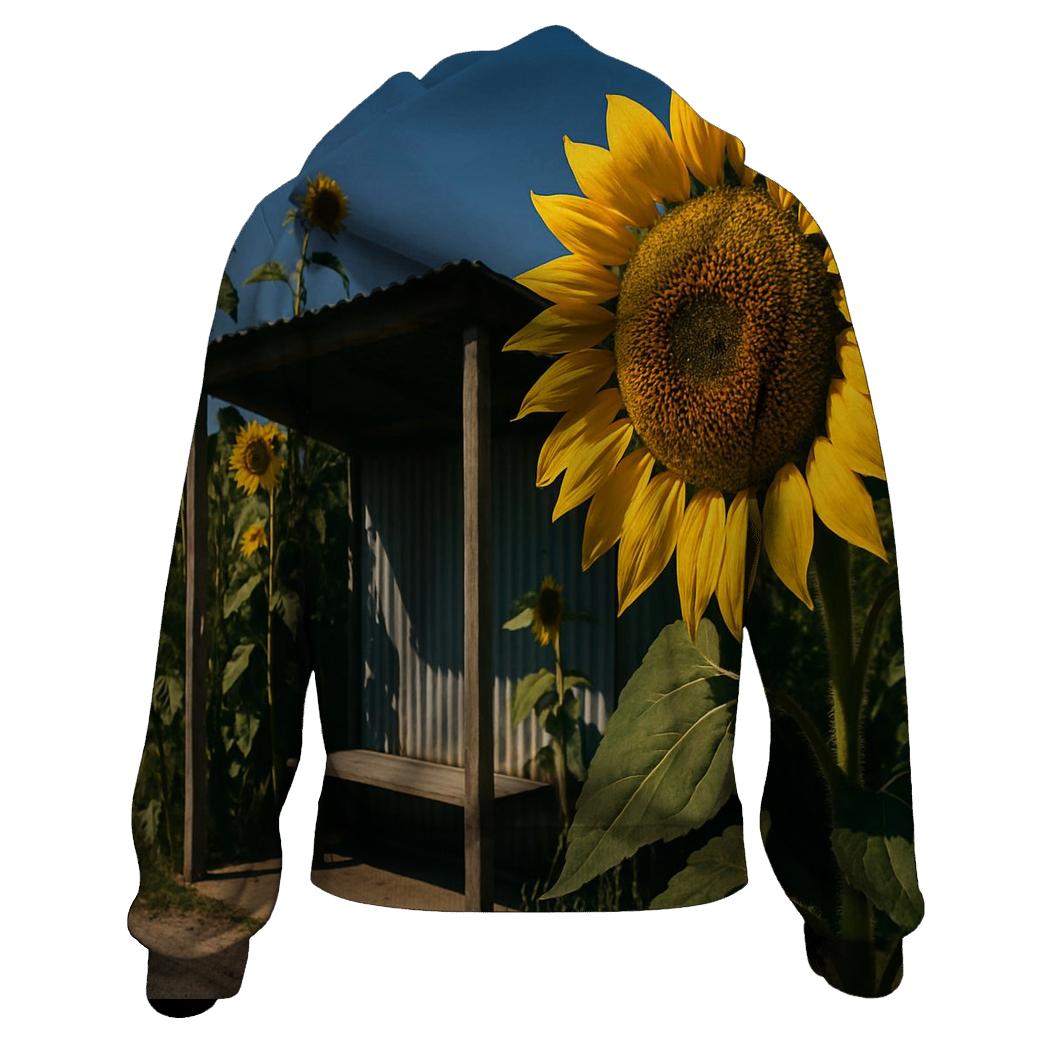 Sunflowers Framing A Rural Bus Stop printed hoodies