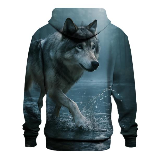 Timber Wolf Crossing Forest Stream printed hoodies