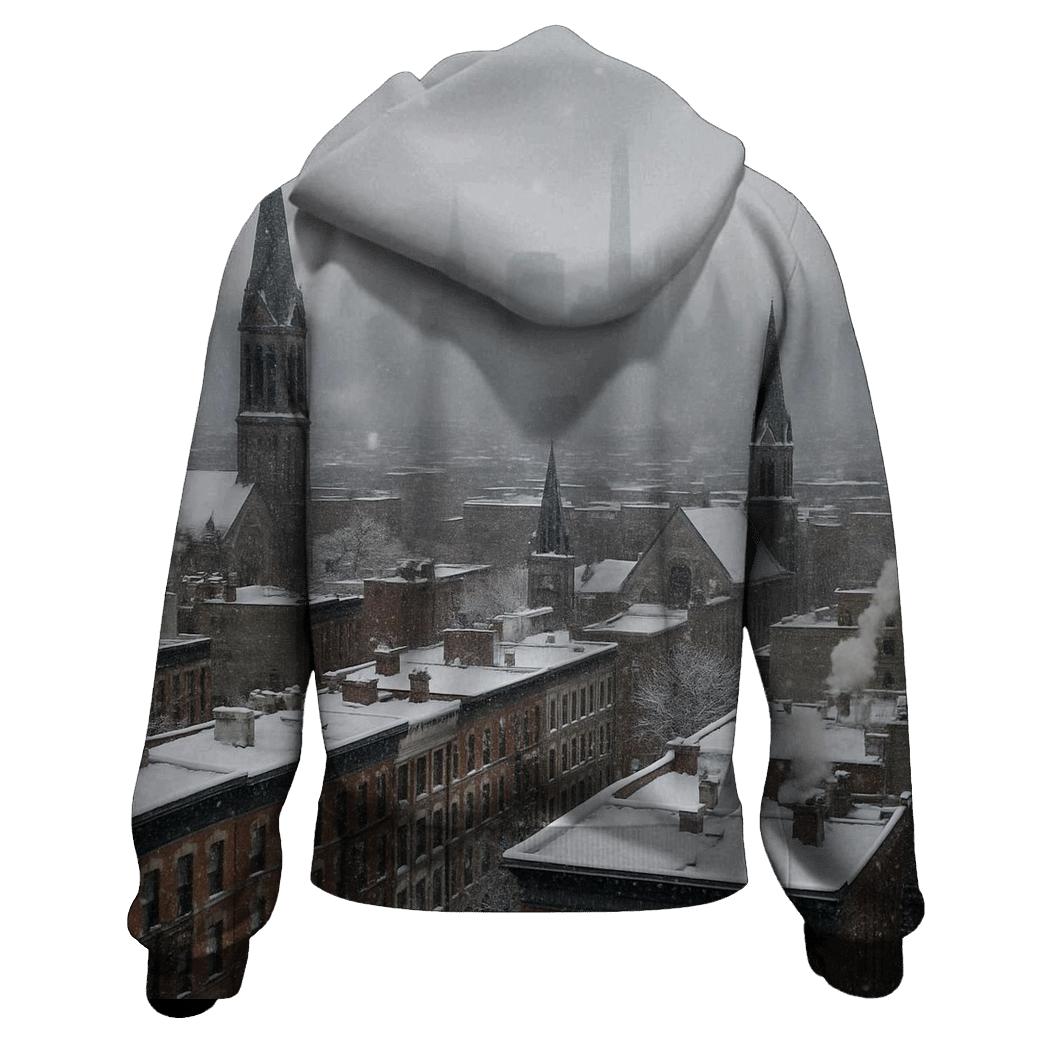 Winter Snowfall Over Harlem Skyline hoodie designs