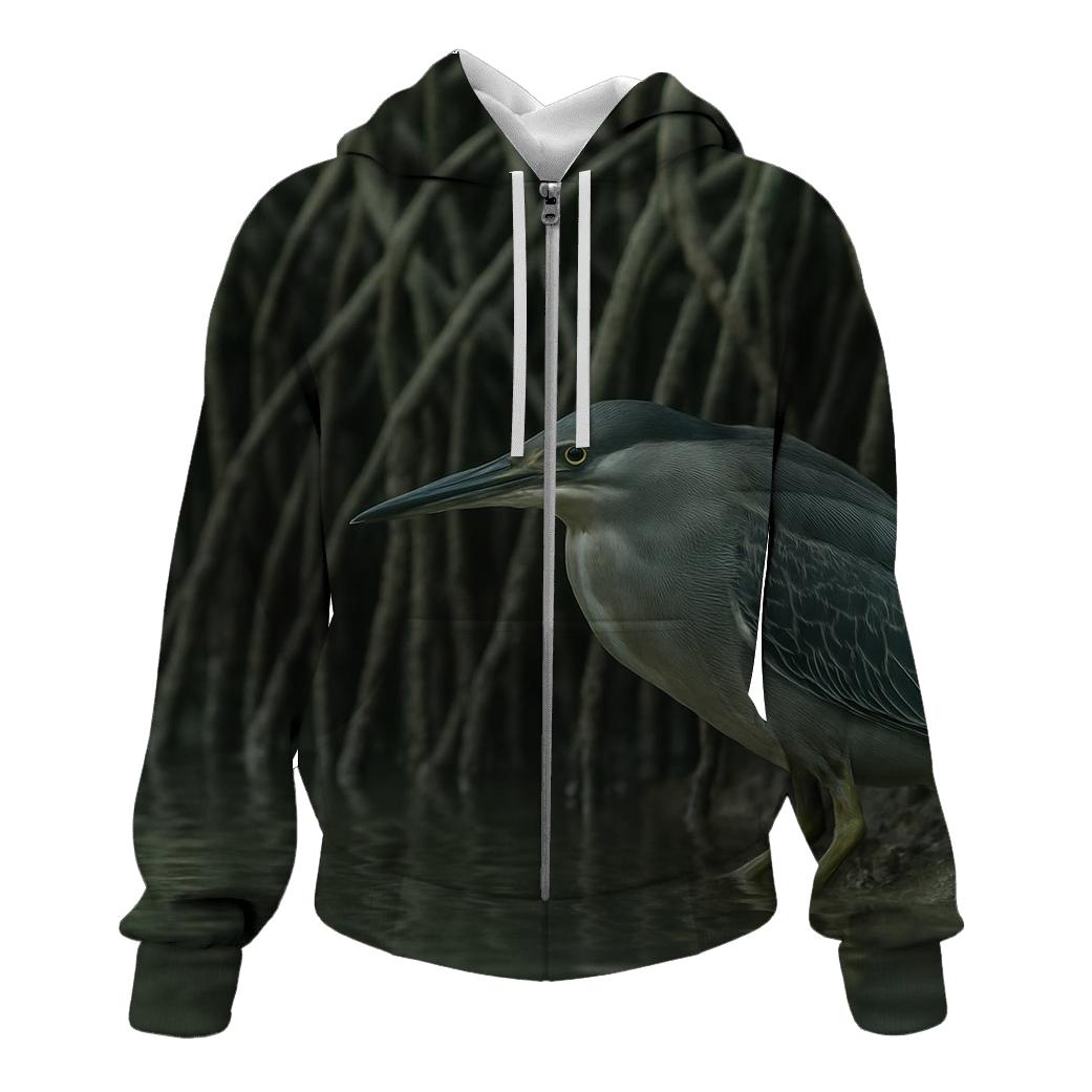 Mangrove Stillness Fishing Heron designer hoodies