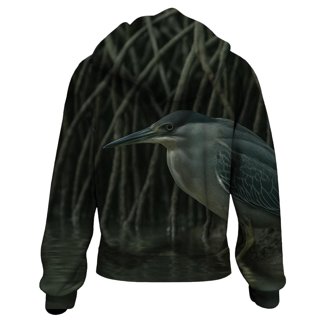 Mangrove Stillness Fishing Heron designer hoodies