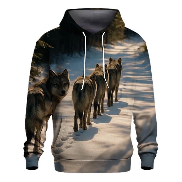 Wolf Pack Trotting Along Winter Logging Road hoodie trends