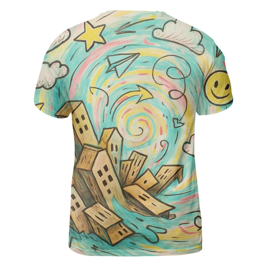 Whirlwind Cardboard City vibrant all-over design tees