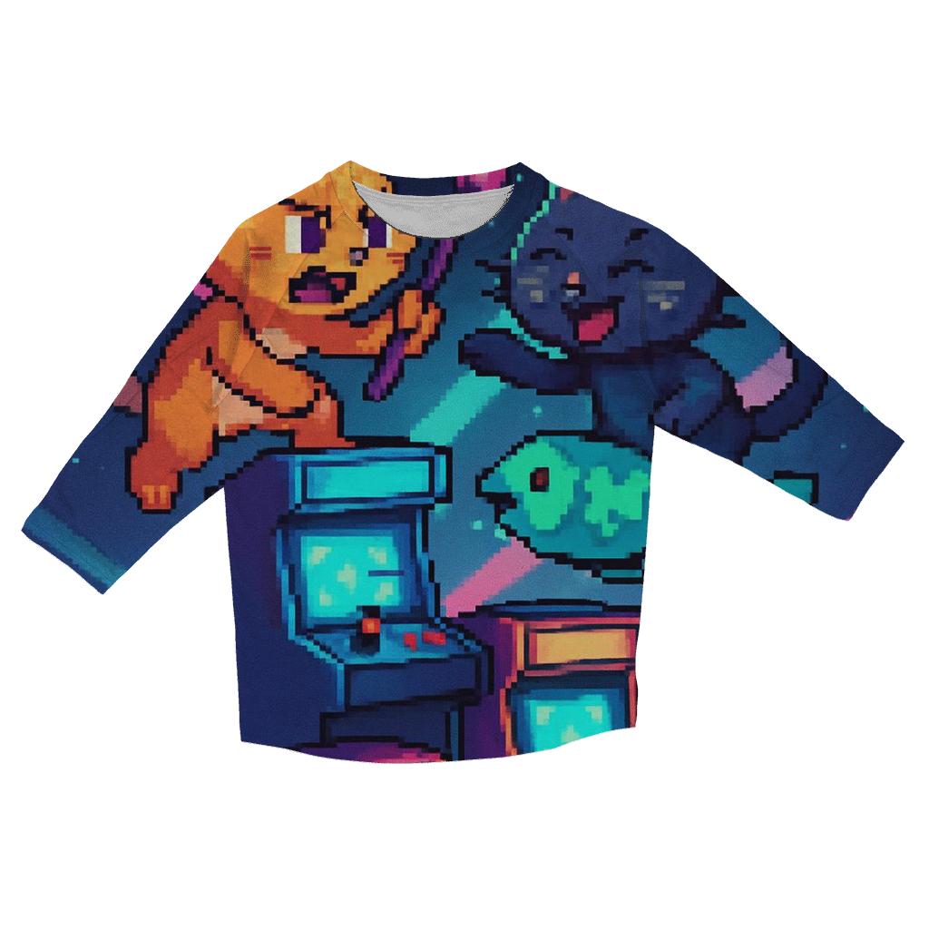 Retro Arcade Battle Cats printed three quarter sleeve shirts
