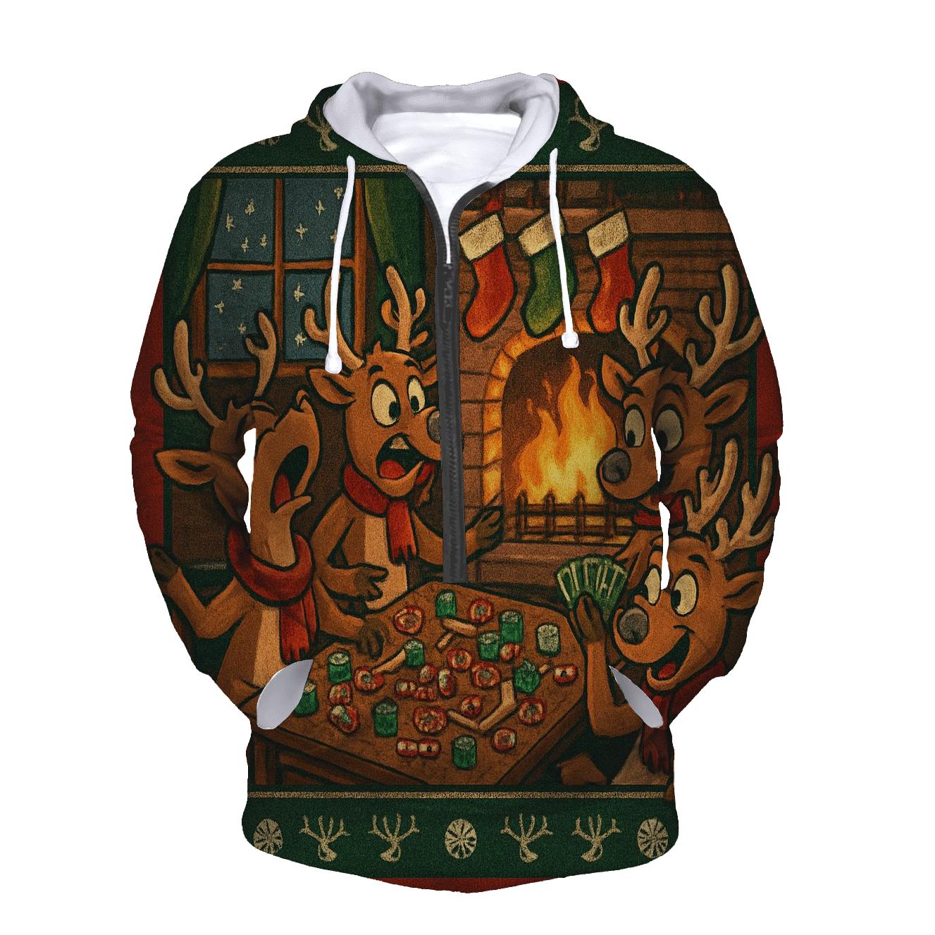 Cozy Reindeer Game Night Chaos printed hoodies