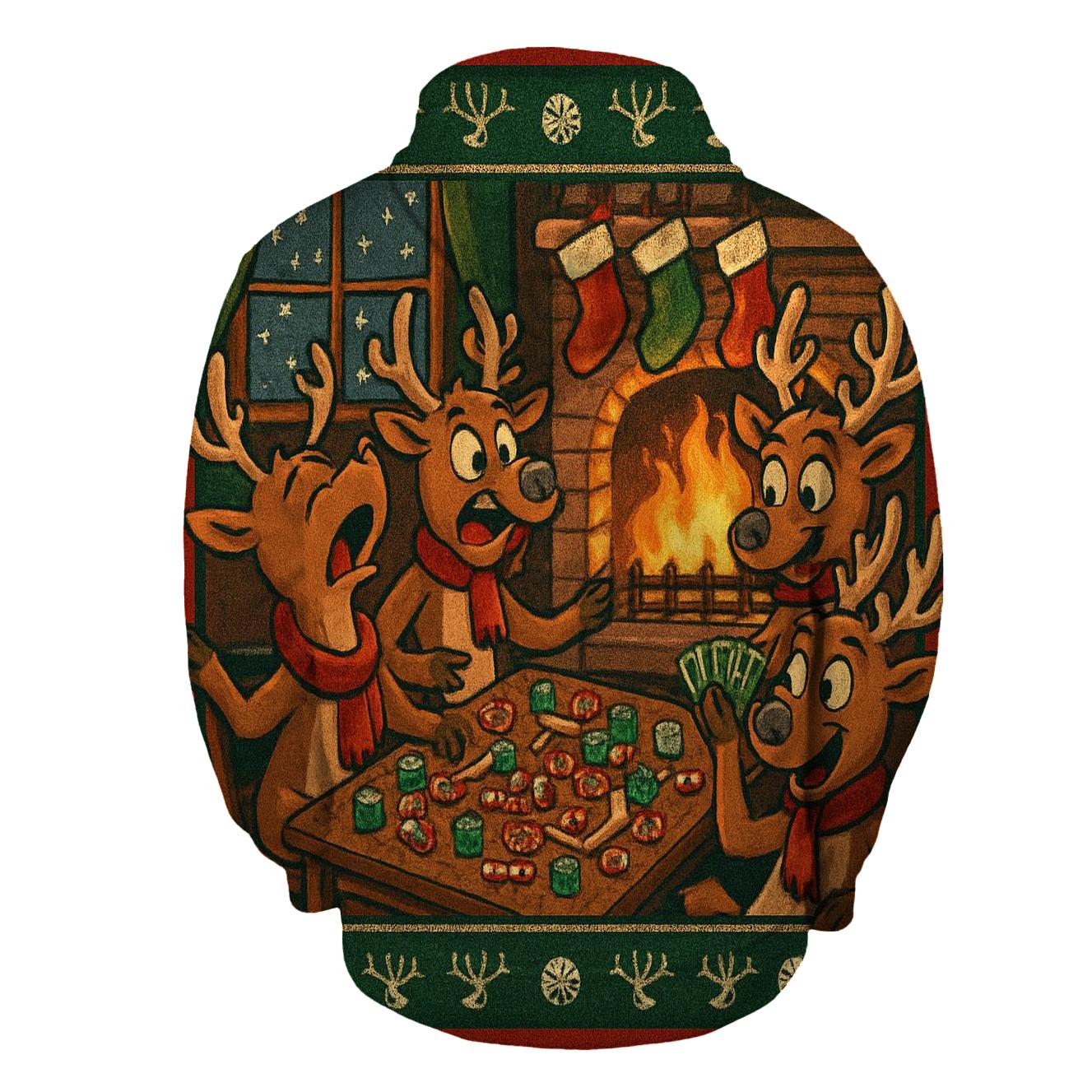 Cozy Reindeer Game Night Chaos printed hoodies