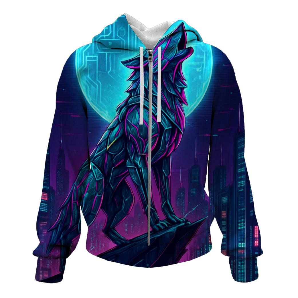 Neon Circuit Moon Howler designer hoodies