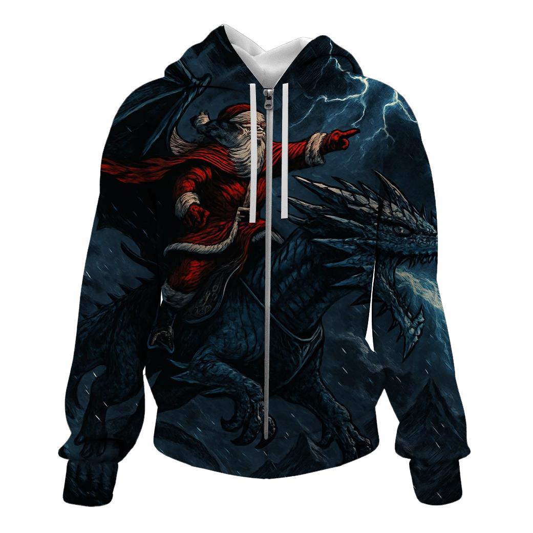 Fire And Frost Santa Dragon Sleigh embroidered hoodies