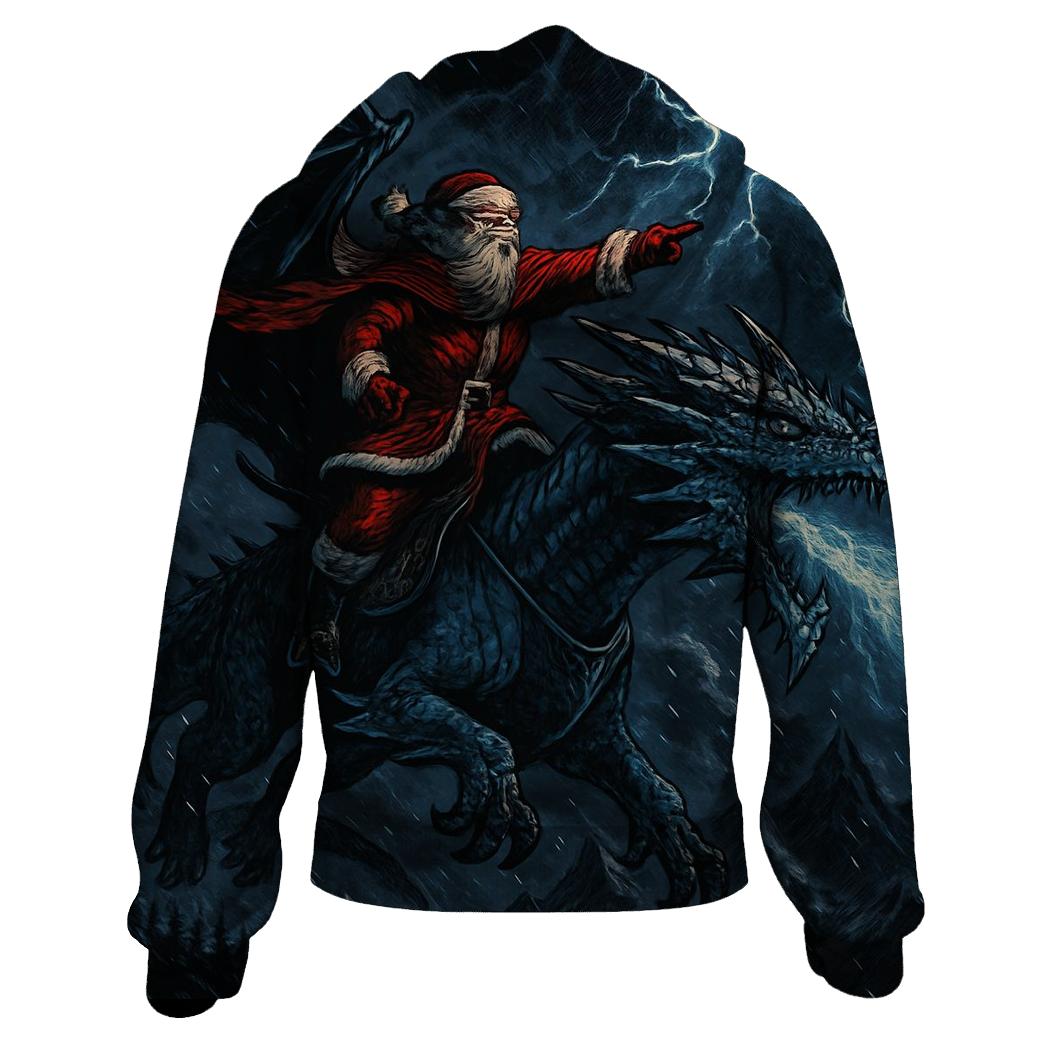 Fire And Frost Santa Dragon Sleigh embroidered hoodies