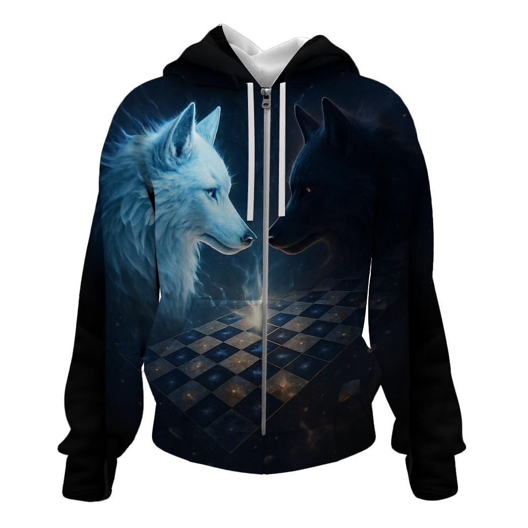 Cosmic Chess Wolf Duel premium hoodies