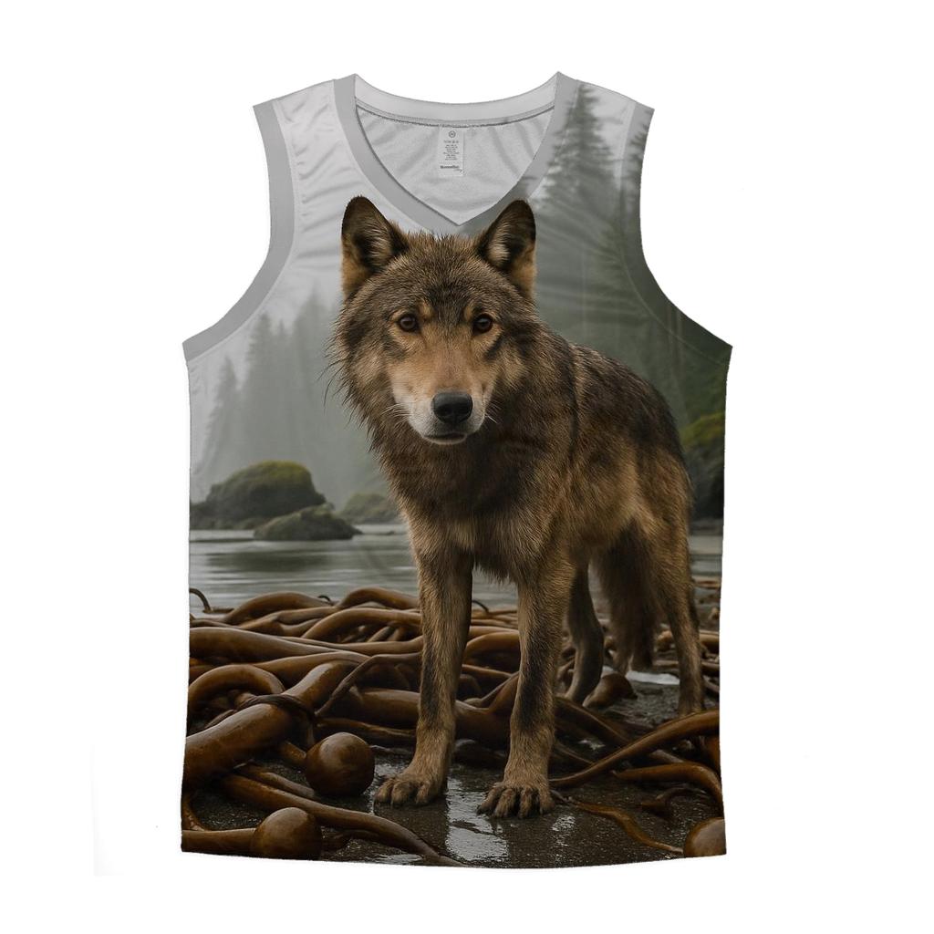 Coastal Rainforest Wolf On Kelp Shore cotton sleeveless tops