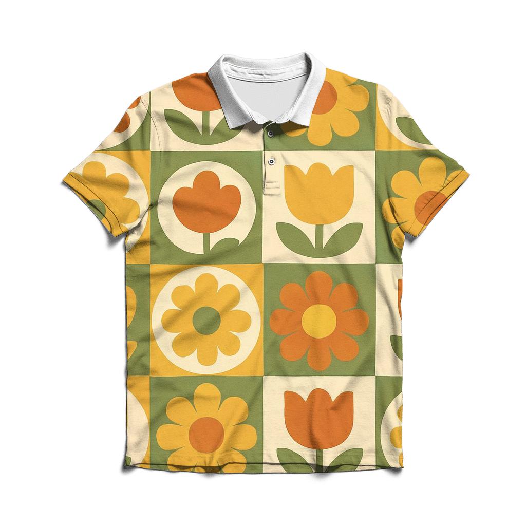 Funky Floral Wallpaper Grid branded logo polo shirts