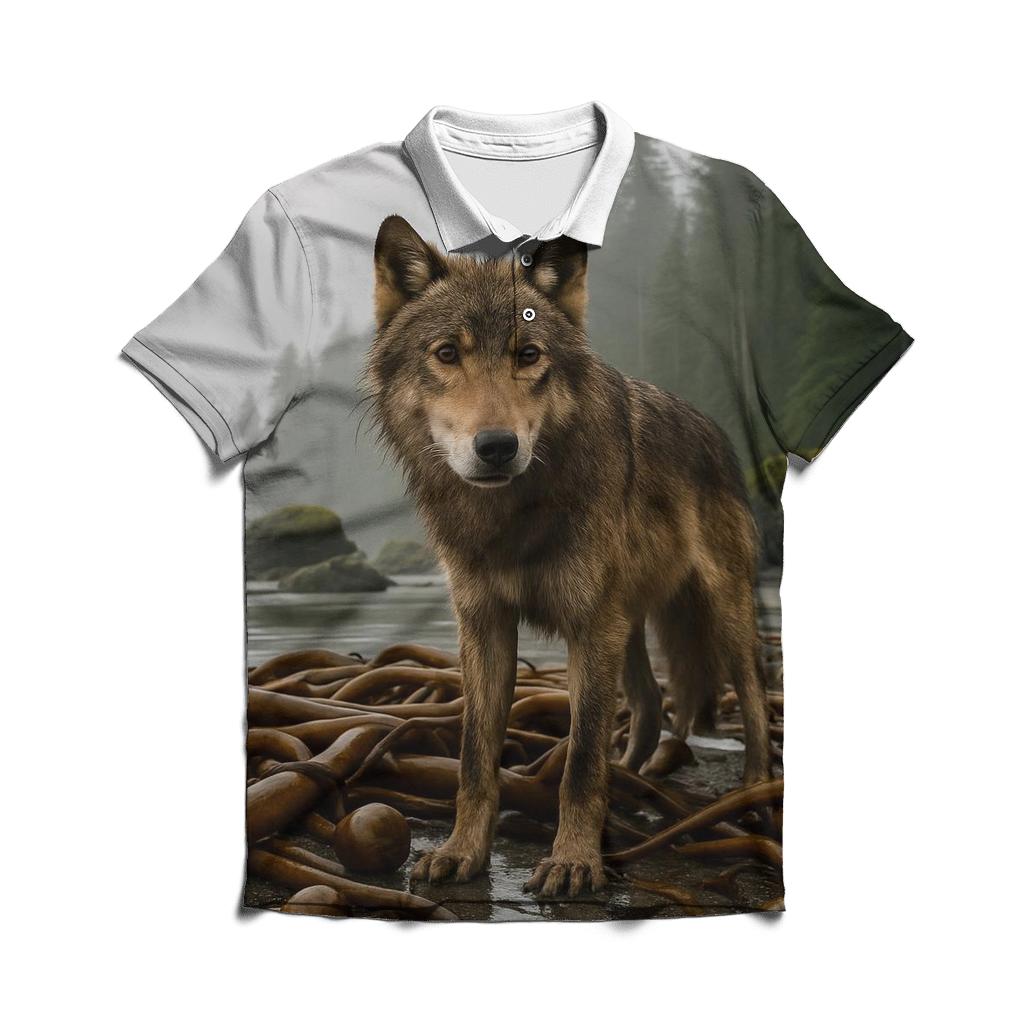 Coastal Rainforest Wolf On Kelp Shore personalized polo shirts