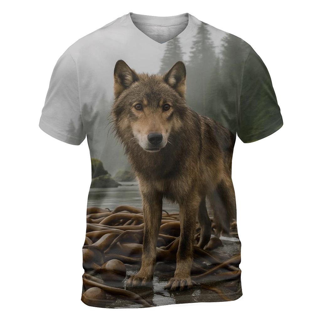 Coastal Rainforest Wolf On Kelp Shore trendy printed shirt styles