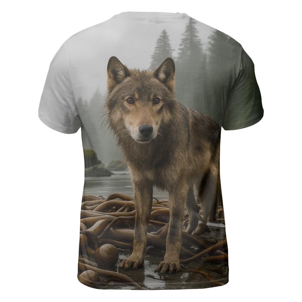 Coastal Rainforest Wolf On Kelp Shore trendy printed shirt styles